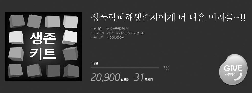 <2012 성폭력피해자의 더 나은 미래를 응원하는 생존키트> 온라인 모금함 화면